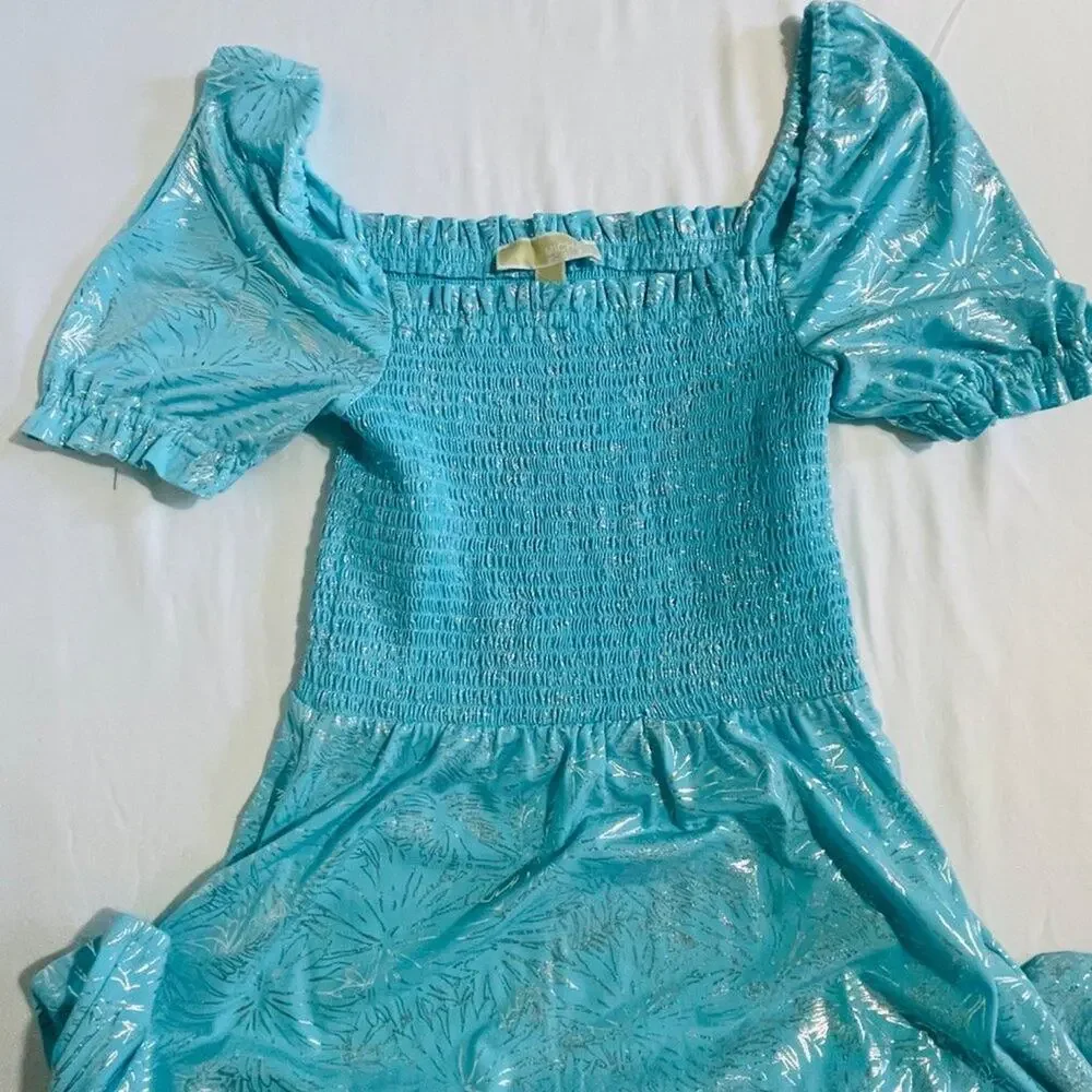 Michael Kors Smocked Dress Small Turquoise Metallic Foil Puff Sleeve NWT